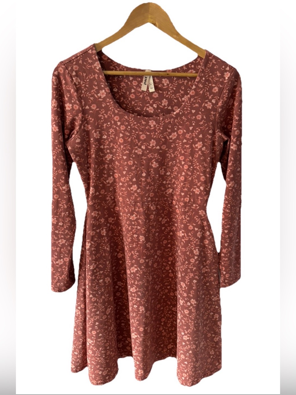 Pact Organic Cotton Floral Midi Fit & Flare Dress M Long Sleeve Maroon Pockets